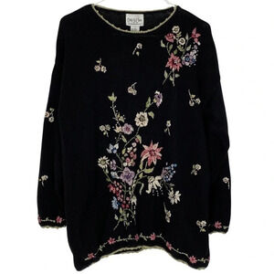 Vintage 90s Grannycore Floral Embroidered Sweater Womens Size Medium Oversized